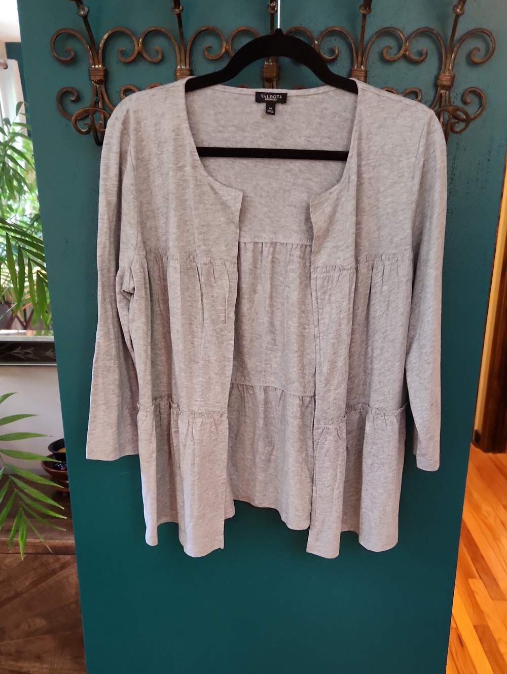 Talbots Light Gray Tshirt Fabric Tiered Open Front Tunic Cardigan